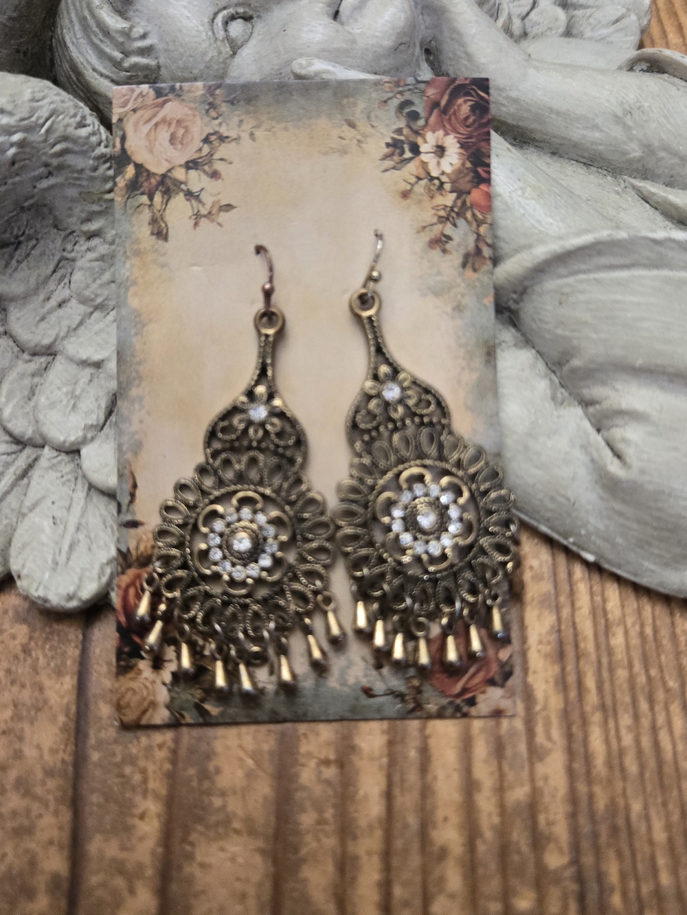 Antique-Style Filigree Dangle Earrings in Gold Tone